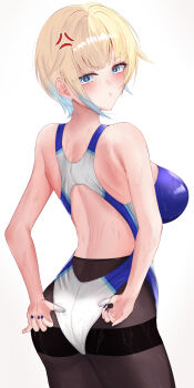 Rule 34 | 1girl, :t, absurdres, adjusting clothes, adjusting swimsuit, aizawa ema, anger vein, ass, blonde hair, blue eyes, blue hair, blush, breasts, commentary request, competition swimsuit, highres, kaeha, large breasts, looking back, median furrow, one-piece swimsuit, pantyhose, pantyhose under swimsuit, short hair, solo, swimsuit, thighband pantyhose, virtual youtuber, vspo!, wet, wet clothes, wet pantyhose, wet swimsuit, white background