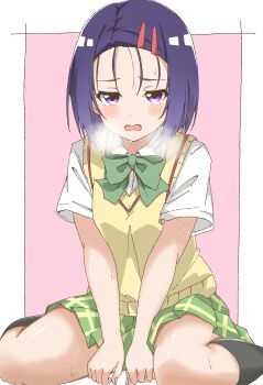 1girl black_socks blue_hair blush bow bowtie breasts commentary_request green_bow green_bowtie green_skirt hair_ornament hairclip highres looking_at_viewer maho_ron1 parallel_hairclips partial_commentary plaid_clothes plaid_skirt purple_eyes sainan_high_school_uniform sairenji_haruna school_uniform shirt short_hair short_sleeves sitting skirt socks solo steam summer_uniform sweater_vest to_love-ru wariza white_shirt yellow_sweater_vest