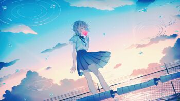 1girl absurdres arm_at_side black_ribbon black_skirt blue_sky bob_cut chain-link_fence closed_eyes cloud collared_shirt commentary_request covered_mouth dutch_angle evening feet_out_of_frame fence floating_clothes gradient_sky hand_up heart highres holding holding_heart lane_line neck_ribbon original outdoors pleated_skirt pool ribbon ripples sakakidani scenery school_uniform shirt shirt_tucked_in short_hair short_sleeves sidelocks skirt sky solo standing star_(sky) summer_uniform underwater_shot white_shirt wing_collar