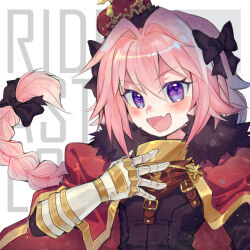 Rule 34 | 1boy, :d, androgynous, astolfo (fate), blush, bow, braid, brown neckerchief, cape, crown, fang, fate/apocrypha, fate/grand order, fate (series), fur-trimmed cape, fur trim, gauntlets, gorget, hair bow, hair intakes, hand on own chest, kuroyishi raiko, long hair, looking at viewer, low-braided long hair, low-tied long hair, male focus, neckerchief, open mouth, pink hair, purple eyes, red cape, simple background, single braid, skin fang, smile, solo, trap, upper body, white background