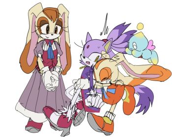 3girls animal_ears blaze_the_cat brown_eyes cat_ears cat_girl cat_tail cheese_(sonic) closed_eyes closed_mouth coat cream_the_rabbit dochisukiovo dress eyelashes forehead_jewel full_body furry furry_female gloves high_heels hug hug_from_behind long_sleeves looking_at_another multiple_girls open_mouth orange_dress orange_shoes own_hands_together pants puffy_short_sleeves puffy_sleeves purple_coat purple_fur rabbit_ears rabbit_girl rabbit_tail shoes short_sleeves sleeveless sleeveless_dress smile sonic_(series) surprised tail vanilla_the_rabbit white_background white_gloves white_pants yellow_eyes