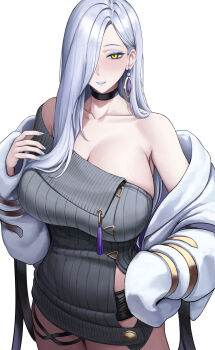 1girl absurdres bare_shoulders black_choker black_shorts blue_eyeliner blue_lips blush bodam breasts choker cleavage collarbone commentary_request earrings eyeliner fate/grand_order fate_(series) hair_over_one_eye hand_up highres huge_breasts jewelry long_hair long_sleeves looking_at_viewer makeup mrs._snake_(fate) mrs._snake_(second_ascension)_(fate) off_shoulder one_eye_covered parted_lips short_shorts shorts simple_background sleeves_past_fingers sleeves_past_wrists smile solo thigh_strap veins veiny_breasts white_background white_hair yellow_eyes