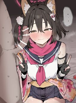 ... 1boy 1girl animal_ear_fluff animal_ears bar_censor bed_sheet black_gloves black_skirt blue_archive blush breasts breath brown_hair censored closed_mouth clothed_female_nude_male commentary condom_box cowboy_shot dark-skinned_male dark_skin double_v erection facing_viewer fang fishnets fox_ears fox_girl fox_hair_ornament gloves hair_between_eyes hair_ornament half-closed_eyes halo hetero highres izuna_(blue_archive) kobinbin looking_at_penis looking_to_the_side miniskirt neckerchief nude partially_fingerless_gloves penis pink_halo pink_neckerchief pink_scarf pleated_skirt pom_pom_(clothes) pom_pom_hair_ornament sailor_collar scarf school_uniform serafuku shirt short_hair sitting skin_fang skirt small_breasts solo_focus spoken_ellipsis sweat symbol-only_commentary v veins veiny_penis white_serafuku white_shirt yellow_eyes