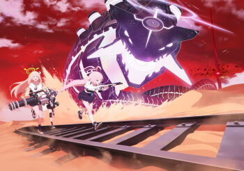 3girls ahoge animal_ear_fluff animal_ears artist_request assault_rifle binah_(blue_archive) black_hair black_shoes black_skirt black_socks blonde_hair blue_archive blue_jacket blue_necktie cat_ears cat_girl closed_eyes desert eyes_visible_through_hair game_cg gatling_gun green_halo gun hair_bun halo highres holding holding_gun holding_weapon hoshino_(blue_archive) id_card jacket knee_pads kneehighs long_hair minigun monster multiple_girls necktie non-web_source nonomi_(blue_archive) official_art open_clothes open_jacket open_mouth pink_hair pink_halo pleated_skirt railroad_tracks red_eyes red_halo red_sky rifle running serika_(blue_archive) shirt shoes shotgun single_knee_pad single_side_bun skirt sky socks weapon white_shirt white_shoes white_socks yellow_eyes yellow_jacket
