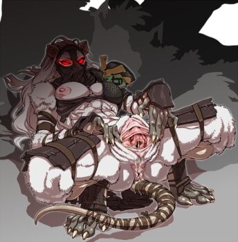 1girl anus artist_request ass bra breasts female_focus furry furry_female ink-eyes large_breasts magic:_the_gathering monochrome_background mouse_(animal) nezunezu nipple_slip nipples pussy pussy_juice red_eyes simple_background solo spread_pussy tagme tail uncensored underwear white_hair wood