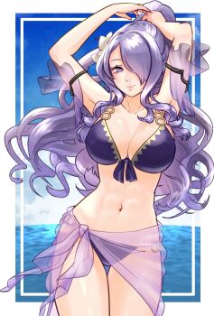 1girl bikini breasts camilla_(fire_emblem) camilla_(tropical_beauty)_(fire_emblem) cleavage collarbone fire_emblem fire_emblem_fates fire_emblem_heroes flower hair_flower hair_ornament hair_over_one_eye highres large_breasts long_hair navel nintendo official_alternate_costume purple_eyes purple_hair sarong solo swimsuit tsulala44_(oi_thanks)