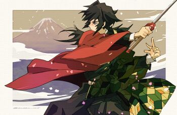 Rule 34 | 1boy, black hair, black jacket, blue eyes, buttons, cowboy shot, demon slayer uniform, gold buttons, hands up, haori, high collar, holding, holding sword, holding weapon, jacket, japanese clothes, katana, kikkoumon, kimetsu no yaiba, long hair, low ponytail, male focus, ponytail, print haori, red haori, solo, spiked hair, sword, tomioka giyuu, twitter username, weapon, yuki 1217k