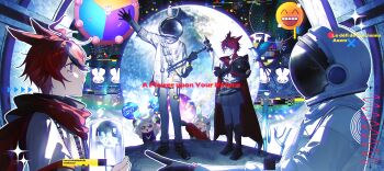 Rule 34 | 2boys, ^ ^, absurdres, ahoge, aizendai, alternate costume, animal ears, animal print, aotsuki eito, bird, black boots, black gloves, black shoes, black streaks, blue eyes, boots, carrot, cat boy, cat ears, chinese commentary, cloak, closed eyes, commentary, commentary request, covered face, english commentary, facial mark, final fantasy, final fantasy xiv, flower, gloves, grey tunic, hand fan, helmet, highres, holding, holding carrot, holding fan, holding jar, holding pickaxe, jacket, jar, loporrit, male focus, miqo'te, multicolored hair, multiple boys, multiple views, oversized food, oversized object, pants, paper fan, pickaxe, rabbit ears, rabbit print, red cloak, red hair, shoes, short hair, space helmet, streaked hair, sumino takumi, sunglasses, the hundred line -last defense academy-, tunic, two-tone hair, waving, white jacket, white pants