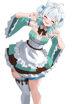 1girl apron aqua_dress aqua_hair aqua_nails aqua_sleeves asymmetrical_legwear black_garter_straps black_skirt blush breasts buttons center_frills closed_eyes commentary detached_sleeves double_v dress frilled_apron frilled_dress frilled_thighhighs frills garter_straps gradient_hair green_hair hair_ornament hairclip highres indie_virtual_youtuber leaning_forward looking_to_the_side maid_headdress medium_breasts miniskirt mint_fantome mint_fantome_(minto_2.0) multicolored_hair nail_polish open_mouth pointy_ears redi_(rasec_asdjh) short_hair simple_background single_thighhigh skirt skirt_under_dress sleeveless sleeveless_dress solo striped_clothes striped_dress symbol-only_commentary thick_thighs thigh_strap thighhighs thighs triangular_headpiece two_side_up underbust uneven_legwear v vertical-striped_clothes vertical-striped_dress virtual_youtuber waist_apron white_apron white_background white_thighhighs x_hair_ornament