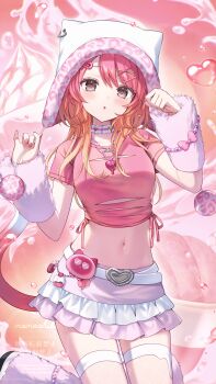 Rule 34 | 1girl, bead necklace, beads, blonde hair, blush, bow, breasts, brown eyes, clothing cutout, commentary request, fingernails, fishnet thighhighs, fishnets, frilled skirt, frills, gradient hair, hair ornament, hands up, heart, highres, indie virtual youtuber, jewelry, knees out of frame, long hair, looking at viewer, medium breasts, midriff, miniskirt, momoshiki (vtuber), momoshiki tsubaki, multicolored hair, necklace, parted lips, pink background, pink bow, pink hair, pink nails, pink shirt, shirt, side part, skirt, solo, thighhighs, virtual youtuber, watermark, white hood, white skirt, x hair ornament, y2k fashion