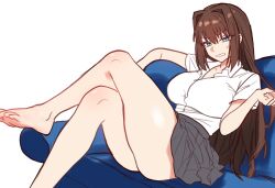 Rule 34 | 1girl, aozaki aoko, barefoot, blue eyes, breasts, brown hair, collared shirt, commentary, couch, crossed legs, ebora, english commentary, grey skirt, hair between eyes, hair intakes, highres, large breasts, long hair, looking at viewer, mahou tsukai no yoru, miniskirt, on couch, parted lips, scowl, shirt, sitting, skirt, solo, sweatdrop, white background, white shirt