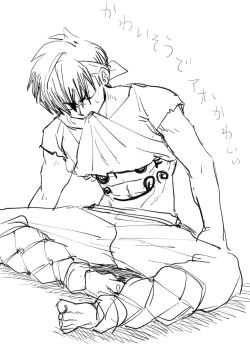 1boy bandana barefoot closed_eyes clothes_in_mouth hibiki_ryouga japanese_text male_focus midriff_peek monochrome mouth_hold pants ranma_1/2 shirt_in_mouth sibelius sitting sketch solo white_background