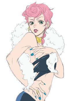 1girl byon choker earrings feather_boa fingernails green_eyes hand_on_own_chest hand_on_own_hip jewelry jojo_no_kimyou_na_bouken long_fingernails looking_at_viewer medium_hair mismatched_earrings multiple_earrings nail_polish navel parted_lips pink_hair ring shirt solo strapless strapless_shirt trish_una vento_aureo