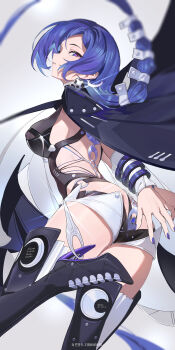 1girl absurdres arms_behind_back bare_shoulders berserker_r black_boots black_cloak blue_hair boots bound bound_wrists breasts chinese_commentary cloak commentary_request crescent crescent_earrings earrings highres jewelry large_breasts long_hair looking_at_viewer promeia_(zenless_zone_zero) purple_eyes purple_nails simple_background solo thigh_boots two-tone_shorts zenless_zone_zero