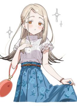 Rule 34 | 1girl, bag, belt, blonde hair, blouse, blue skirt, blush, breasts, brown belt, colored eyelashes, commentary request, cosplay, cowboy shot, earrings, elbow carry, flipped hair, floral print, floral print skirt, gakuen idolmaster, gradient hair, grey hair, hair ornament, hand on own chest, handbag, highres, holding, holding bag, idolmaster, jewelry, kuramoto china, kuramoto china (cosplay), laurels, leaf hair ornament, long hair, looking at viewer, multicolored hair, open mouth, orange eyes, parted bangs, print skirt, rudee62421, shinosawa hiro, shirt, simple background, skirt, skirt hold, small breasts, solo, standing, stud earrings, watch, white background, white shirt, wristwatch