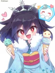 Rule 34 | 1girl, black hair, blue hair, blush, food, fur-trimmed kimono, fur trim, goku fubukihime, heart, high ponytail, holding, holding ice cream cone, ice cream, ice cream cone, japanese clothes, kimono, long hair, looking at viewer, mint chocolate, open mouth, red eyes, simple background, snowman, solo, tabana, traditional youkai, twitter username, white background, youkai (youkai watch), youkai watch, youkai watch: punipuni, yuki onna