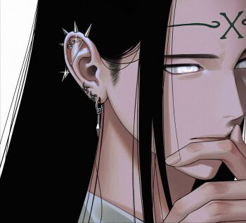 Rule 34 | 1boy, black hair, byakugan, closed mouth, commentary request, ear piercing, earrings, forehead tattoo, hand to own mouth, highres, hyuuga neji, jewelry, korean commentary, long hair, m0 mo momo, male focus, naruto (series), piercing, portrait, sideburns, simple background, solo, tattoo, white background, white eyes