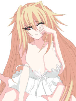 1girl alternate_costume bare_shoulders barefoot blonde_hair breasts cleavage commentary_request frown full_body hair_between_eyes hair_intakes large_breasts long_hair lufas_maphaahl messy_hair nightgown one_eye_closed red_eyes simple_background sitting solo straight_hair strap_slip user_cdk1399 waking_up wariza white_background white_nightgown yasei_no_last_boss_ga_arawareta