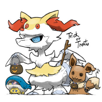 Rule 34 | blacknirrow, blue eyes, braixen, braixen (cosplay), bucket, candy, chibi, closed mouth, cosplay, eevee, eevee (cosplay), english text, food, gen 1 pokemon, gen 3 pokemon, gen 5 pokemon, gen 6 pokemon, gen 7 pokemon, halloween bucket, halloween costume, holding, holding bucket, holding stick, joltik, legendary pokemon, mimikyu, nintendo, no humans, pokemon, pokemon (creature), pokemon focus, reshiram, simple background, smile, stick, trick or treat, wailord, wailord (cosplay), white background, wrapped candy
