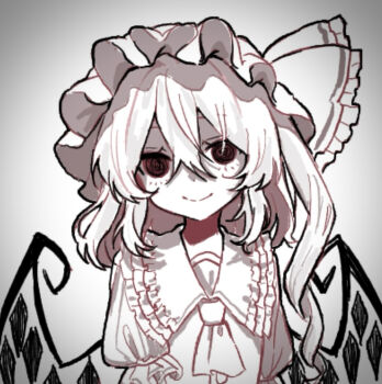 1girl @_@ aorin_oekaki ascot closed_mouth collared_shirt commentary_request crystal flandre_scarlet frilled_shirt_collar frills hat hat_ribbon looking_at_viewer mob_cap monochrome one_side_up ribbon shirt smile solo touhou wings