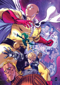 Rule 34 | 1girl, 6+boys, atomic samurai, bald, bang (one-punch man), bankenman, blonde hair, butagami, cape, chougoukin kurobikari, clenched hand, commentary, cyborg, dark-skinned male, dark skin, doutei (one-punch man), english commentary, facial hair, genos, gloves, green eyes, jumpsuit, king (one-punch man), kudou kishi, male focus, manos lagouvardos, metal knight, multiple boys, mustache, old, old man, one-punch man, puri puri prisoner, red gloves, saitama (one-punch man), scar, scar across eye, scar on face, senkou no flash, sweater, tanktop master, tatsumaki, turtleneck, turtleneck sweater, yellow jumpsuit, zombieman