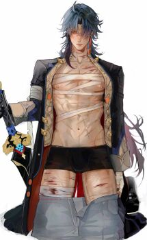1boy abs bandaged_arm bandaged_hand bandaged_leg bandages bandages_over_clothes black_male_underwear black_nails blade_(honkai:_star_rail) bleeding blood blue_hair boxer_briefs chinese_clothes closed_mouth clothes_pull cowboy_shot cuts earrings hair_over_one_eye hashtag-only_commentary highres holding holding_weapon honkai:_star_rail honkai_(series) injury jewelry long_hair long_sleeves male_focus male_underwear multiple_scars navel nipples open_clothes pants pants_pull pectorals red_eyes scar scar_on_chest scar_on_leg scar_on_neck scar_on_stomach scars_all_over simple_background solo thighs tiredceles too_many underwear weapon white_background zipper zipper_pull_tab