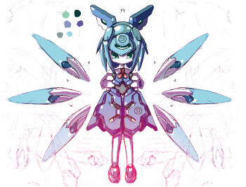 1girl circled_9 cirno crossover detached_wings emblem humanoid_robot looking_at_viewer marik_(artist) mechanical_dress mechanical_wings mechanization medarot metal_hair no_mouth robot robot_girl solo spread_wings touhou wings