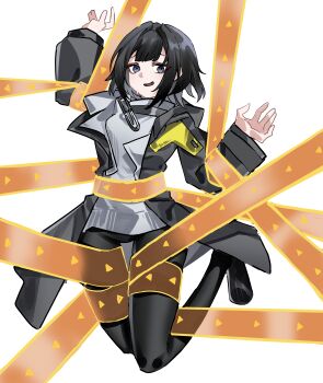 1girl absurdres arknights arknights:_endfield black_coat black_hair black_pants coat commentary endministrator_(arknights) female_endministrator_(arknights) grey_eyes grey_sweater highres long_sleeves looking_at_viewer medium_hair open_clothes open_coat open_mouth pants restrained simple_background solo suspension sweater turtleneck turtleneck_sweater white_background yazu_(zoddiacz)