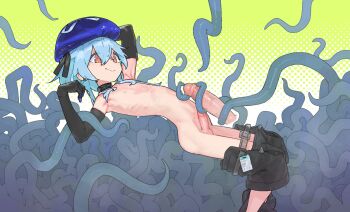 1boy absurdres arknights black_gloves blue_hair blue_hat closed_mouth clothes_pull commentary commission disembodied_penis elbow_gloves english_commentary erection feet_out_of_frame from_side gloves halftone halftone_background hat highres male_focus mizuki_(arknights) nipples nude orange_eyes pants pants_pull penis pshuuu short_hair smile tentacles trap uncensored variant_set