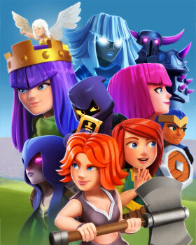 6+girls archer_(clash_of_clans) archer_queen armor axe blue_eyes clash_of_clans crown dark-skinned_female dark_skin electro_titan_(clash_of_clans) fake_horns glowing glowing_eyes headhunter_(clash_of_clans) healer_(clash_of_clans) highres holding holding_axe holding_weapon hood horned_headwear horns medium_hair multiple_girls official_art orange_hair p.e.k.k.a pink_eyes pink_hair purple_hair valkyrie_(clash_of_clans) weapon white_hair wings witch_(clash_of_clans)
