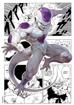 2boys alien claws closed_mouth colored_skin commentary dragon_ball dragonball_z english_commentary english_text fewer_digits fighting_stance final_form_frieza frieza full_body highres jade_law looking_at_viewer male_focus multiple_boys muscular muscular_male official_art_inset purple_lips red_eyes smirk son_goku white_skin