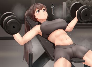 1girl abs bike_shorts black_shorts black_sports_bra brown_eyes brown_hair exercising gym kantai_collection leaning_back long_hair midriff muscular muscular_female navel ponytail shorts sitting solo sports_bra steaming_body sweat tadokoro_nurikabe toned weightlifting yamato_(kancolle)