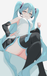 Rule 34 | 1girl, absurdres, aqua eyes, aqua hair, aqua necktie, armpits, black skirt, black sleeves, black thighhighs, blush, breasts, crossed legs, detached sleeves, dot nose, double-parted bangs, feet out of frame, from below, grey background, grin, hand on own hip, hatsune miku, headset, highres, holding own hair, kawasuru (15miclon), long hair, looking at viewer, medium breasts, necktie, pleated skirt, shirt, simple background, sitting, skirt, sleeveless, sleeveless shirt, small pupils, smile, solo, thighhighs, thighs, very long hair, vocaloid, white shirt, wide sleeves