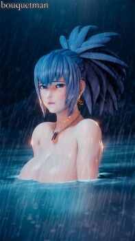 1girl absurdres blue_eyes blue_hair bouquetman breasts curvy earrings female_focus highres huge_breasts jewelry large_breasts leona_heidern long_hair looking_at_viewer nature outdoors pale_skin ponytail rain shiny_skin snk swimming the_king_of_fighters water wet