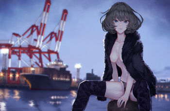 1girl arm_support artistic_nudity black_boots black_jacket black_panties blue_eyes blurry boots breasts breasts_apart building cargo_ship collarbone commentary_request container container_ship crane_(machine) depth_of_field eyelashes feet_out_of_frame female_focus floodlights fur_jacket green_eyes green_hair harbor heterochromia highleg highleg_panties idolmaster idolmaster_cinderella_girls jacket jacket_on_shoulders kaoming lingerie lips looking_at_viewer medium_breasts mole mole_under_eye night outdoors panties parted_lips reflection shiny_clothes ship shipping_container short_hair sitting sky solo takagaki_kaede thigh_boots thighhighs topless_female tsurime underwear water watercraft