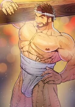 1boy :d abs absurdres bara beard biceps bloom brown_eyes brown_hair carrying_over_shoulder commentary_request cowboy_shot facial_hair fundoshi highres japanese_clothes looking_at_viewer male_focus muscular muscular_male nipples open_mouth ryu_(street_fighter) smile solo spiked_hair street_fighter teeth thick_eyebrows topless_male toshun_(momotoshi) upper_teeth_only wet