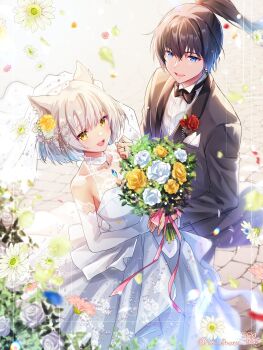 1boy 1girl animal_ear_fluff animal_ears artist_name black_bow black_bowtie black_hair black_jacket blue_eyes bouquet bow bowtie bridal_veil cat_ears cat_girl chest_jewel commentary_request dress elbow_gloves falling_flower flower from_above gloves grey_hair hetero high_ponytail highres holding holding_bouquet jacket looking_at_viewer mio_(xenoblade) noah_(xenoblade) open_mouth ponytail rose short_hair smile strapless strapless_dress twitter_username ui_frara veil wedding_dress wedding_suit white_dress white_flower white_gloves white_rose xenoblade_chronicles_(series) xenoblade_chronicles_3 yellow_eyes yellow_flower yellow_rose