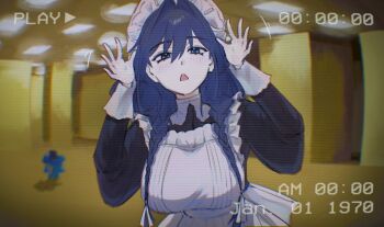 absurdres apron arms_up backrooms_(creepypasta) black_dress blue_eyes blue_hair braid breasts ceiling_light commentary dot_nose dress fanged_bangs fisheye fluorescent_lamp frilled_apron frilled_hairband frills hair_between_eyes hair_intakes hairband highres hololive hololive_english hunk_404 juliet_sleeves kronie_(ouro_kronii) large_breasts long_hair long_sleeves looking_at_viewer low_twin_braids maid maid_apron maid_headdress official_alternate_costume official_alternate_hairstyle ouro_kronii ouro_kronii_(maid) puffy_sleeves recording twin_braids untranslatable_commentary upper_body viewfinder virtual_youtuber white_apron white_hairband