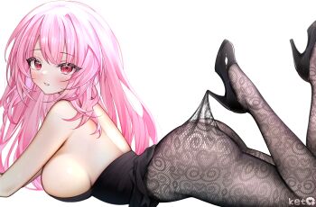 1girl absurdres artist_name black_dress black_shoes blush breasts clothes_lift commentary dress dress_lift english_commentary from_side heart high_heels highres hololive hololive_english ketyuiqu lace_pantyhose_hooked_on_heel_(meme) long_hair looking_at_viewer lying meme mori_calliope on_stomach pantyhose pink_eyes pink_hair shoes solo the_pose virtual_youtuber white_background