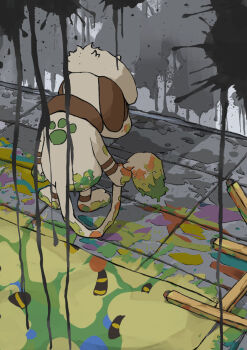 1other aomon_(yuuji7604) brick_floor full_body gen_2_pokemon highres looking_down mareep nintendo paint paint_splatter painting_(action) painting_(object) pokemon pokemon_(creature) pokemon_focus smeargle solo standing