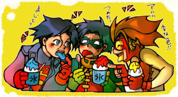 3boys bart_allen batman_(series) black_hair brown_hair dc_comics domino_mask eating eye_mask flash_(series) flavored_ice food gloves goggles image_sample impulse kon-el male_focus mask multiple_boys pixiv_sample resized robin_(dc) s_shield shaved_ice spoon superboy superhero_costume superman_(series) tim_drake tongue young_justice