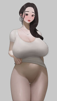 1girl absurdres arm_behind_back black_eyes black_hair blush breasts cleavage cleft_of_venus clothes_lift collarbone covered_erect_nipples cowboy_shot dongtan_dress dress dress_lift earrings eyeliner fingernails grey_background highres huge_breasts jewelry lifting_own_clothes lips lipstick long_hair makeup mascara necklace no_panties nugu original parted_lips pulling pussy red_lips short_sleeves simple_background sweat tight_clothes tight_dress veins veiny_thighs white_dress