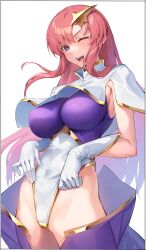 Rule 34 | 1girl, blush, breasts, cape, covered erect nipples, covered navel, gloves, gundam, gundam seed, gundam seed destiny, hair ornament, highleg, highleg leotard, highres, impossible clothes, impossible leotard, kei (soundcross), large breasts, leotard, leotard lift, long hair, looking at viewer, meer campbell, multicolored leotard, one eye closed, open mouth, pink hair, purple eyes, purple leotard, simple background, smile, solo, star (symbol), star hair ornament, white background, white cape, white gloves, white leotard