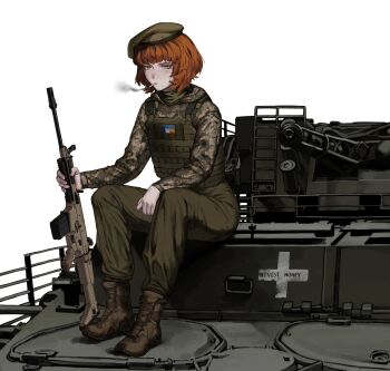 1girl absurdres aircraft airplane armored_personnel_carrier armored_vehicle army assault_rifle battle_rifle beret bulletproof_vest camouflage cigarette commentary curly_hair digital_camouflage english_commentary expressionless flag_patch fn_scar french_flag full_body green_eyes gun h0nesth0ney hat highres holding holding_gun holding_weapon looking_at_viewer military military_combat_uniform military_uniform military_vehicle mm14 motor_vehicle natalie_(qvit11) on_tank original patch rifle russo-ukrainian_war scarf sitting smoke smoke_trail smoking soldier ukrainian_flag vehicle_focus weapon