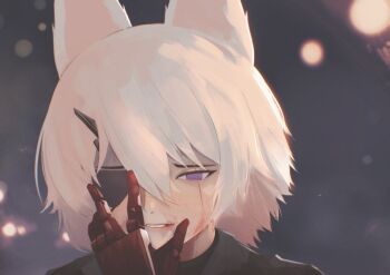 Rule 34 | 1girl, absurdres, animal ears, cosplay, eyepatch, fox ears, fox girl, highres, medium hair, metal gear (series), metal gear solid v: the phantom pain, phase connect, prosthesis, prosthetic arm, purple eyes, scar, scar on face, solo, tenma maemi, tuna fan68, venom snake, venom snake (cosplay), virtual youtuber, white hair