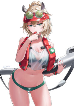 Rule 34 | 1girl, absurdres, bikini, bikini under clothes, blonde hair, blowing whistle, breasts, commentary, cowboy shot, crossed bangs, double-parted bangs, english commentary, eyewear on head, gluteal fold, green-tinted eyewear, green bikini, green eyes, hair between eyes, hat, high ponytail, highres, indie virtual youtuber, large breasts, lifeguard, looking at viewer, navel, nimi nightmare, nimi nightmare (lifeguard), official alternate costume, ponytail, red hat, red vest, see-through tank top, short hair, simple background, solo, sunglasses, swimsuit, tank top, tinted eyewear, vest, virtual youtuber, visor cap, whistle, white background, white tank top, yubaest