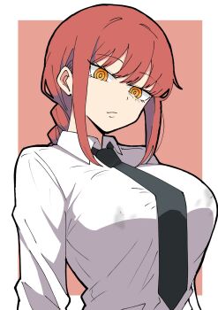 1girl alternate_breast_size_(larger) black_necktie braid breasts chainsaw_man closed_mouth collared_shirt covered_erect_nipples highres hitorikanawo huge_breasts looking_at_viewer makima_(chainsaw_man) necktie red_hair ringed_eyes shirt sidelocks upper_body white_shirt yellow_eyes