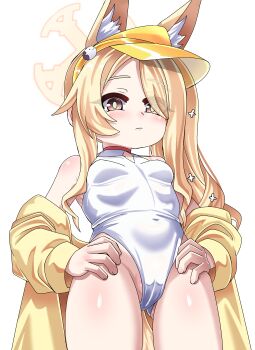 1girl absurdres animal_ear_fluff animal_ears blonde_hair blue_archive breasts clothing_cutout covered_navel cross_halo diamond_cutout fox_ears fox_girl fox_tail from_below halo hands_on_own_hips highleg highleg_one-piece_swimsuit highres jacket karan_(15847284) long_hair looking_at_viewer official_alternate_costume official_alternate_hairstyle one-piece_swimsuit orange_eyes seia_(blue_archive) seia_(swimsuit)_(blue_archive) side_ponytail simple_background small_breasts solo swimsuit tail visor_cap white_background white_one-piece_swimsuit yellow_halo yellow_jacket yellow_visor