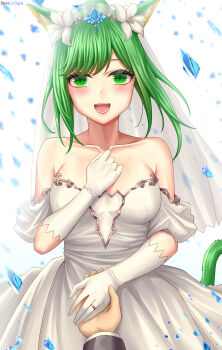 Rule 34 | 1girl, :d, absurdres, animal ears, bare shoulders, blush, breasts, bridal veil, bride, cat ears, cat girl, cat tail, cleavage, collarbone, crown, dress, elbow gloves, flower, gloves, green eyes, green hair, green tail, hair flower, hair ornament, hand on own chest, headdress, highres, holding hands, jewelry, looking at viewer, lori hagami, medium breasts, miqo'te, open mouth, original, ornate ring, out of frame, pov, pov hands, ring, simple background, smile, solo focus, strapless, strapless dress, tail, tiara, veil, wedding, wedding dress, wedding ring, white background, white dress, white flower, white gloves