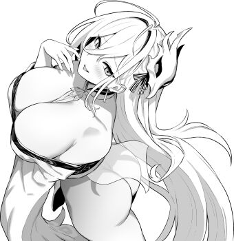 ahoge ass azur_lane azur_lane:_slow_ahead bare_shoulders breasts fang greyscale hakuhou_(azur_lane) hand_up highres hori_(hori_no_su) huge_breasts japanese_clothes kimono long_bangs mask mask_on_head monochrome official_art open_mouth pantyhose white_hair white_kimono